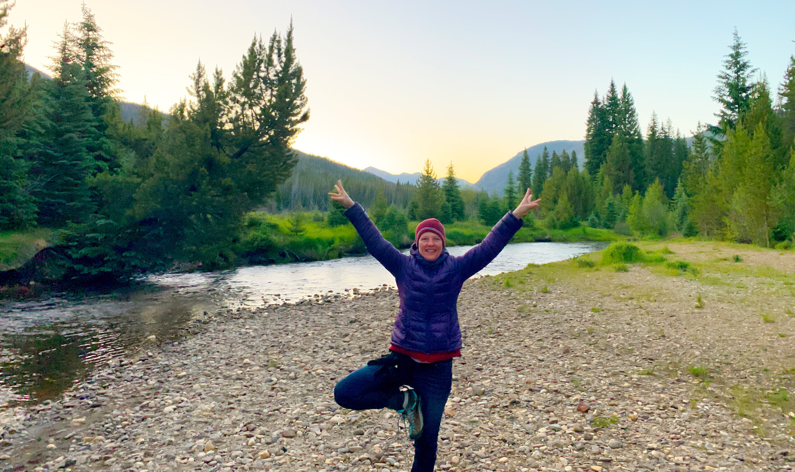 Judy doing tree pose in Rocky Mountain National Park, Colorado